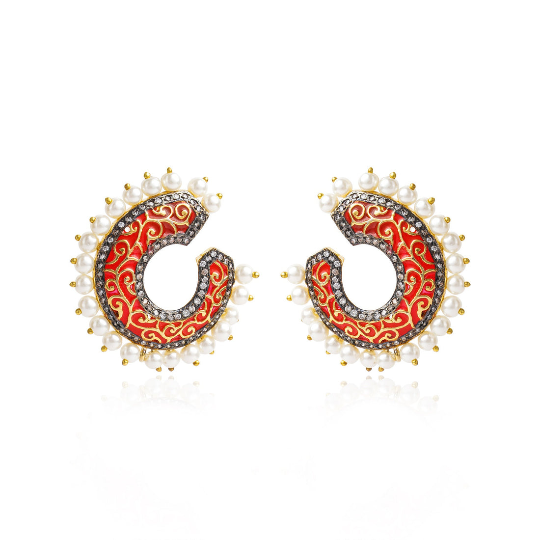 Red Enamel Kundan Earrings | 22K Gold Plated Pearl Hoops | Handcrafted Jaipur Jewelry | Elegant Indian Statement Earrings for Women — 3
