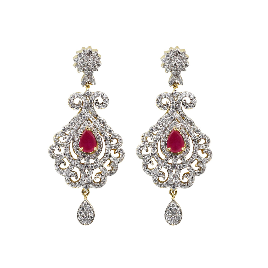 22K Yellow Gold Plated Diamond Ruby Necklace Set with Earrings | Designer Elegant Bridal Wedding Statement Jewelry | Gift for Women — 4