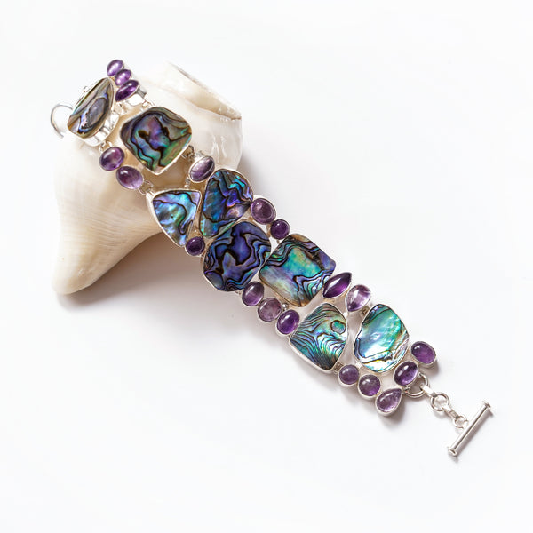 Silver Blue Abalone Shell Bracelet | Iridescent Ocean Inlay Cuff Bracelet | Handmade Gemstone Statement Jewelry | Gift for Her