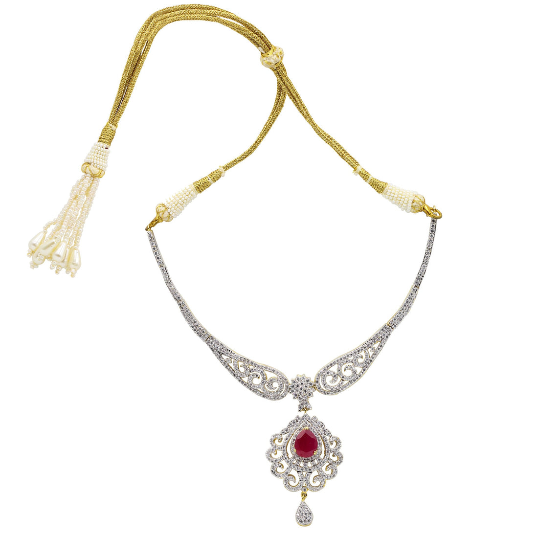 22K Yellow Gold Plated Diamond Ruby Necklace Set with Earrings | Designer Elegant Bridal Wedding Statement Jewelry | Gift for Women — 3