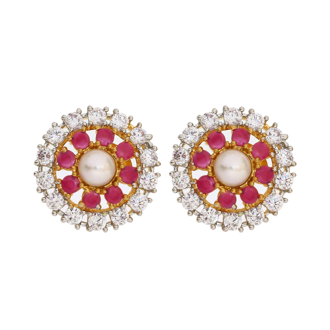 Gold Plated Ruby CZ Pendant Locket & Earrings: Water Pearl Centerpiece — 2