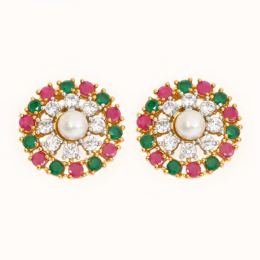 Gold Plated Ruby CZ Pendant Locket & Earrings: Water Pearl Centerpiece — 4