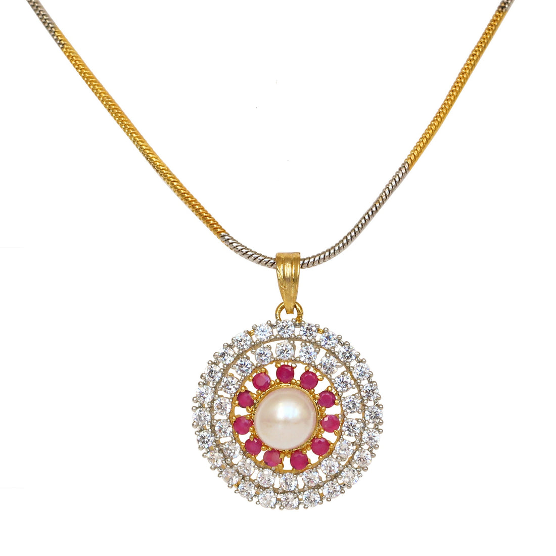 Gold Plated Ruby CZ Pendant Locket & Earrings: Water Pearl Centerpiece — 1