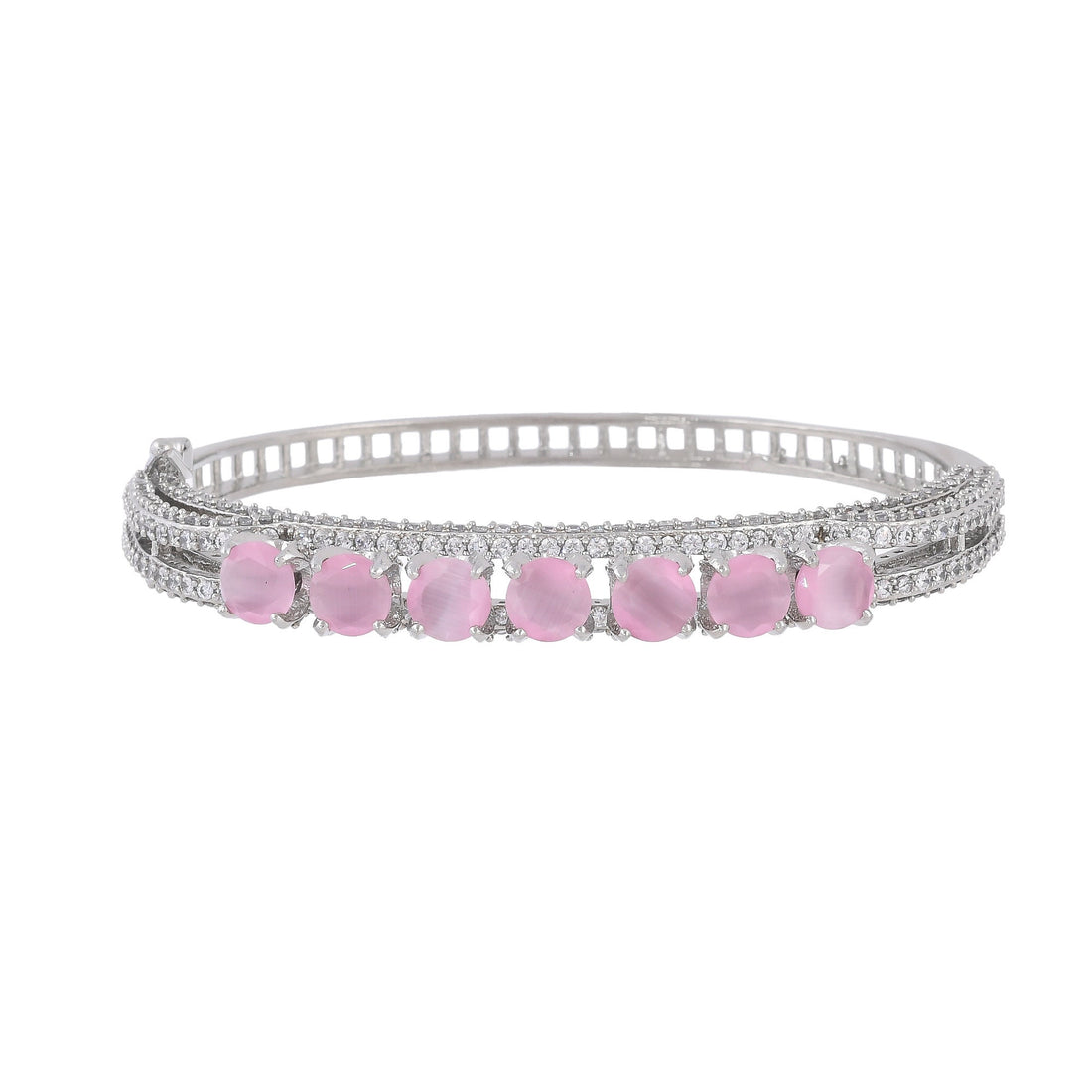 Rose Quartz CZ Bracelet 14k White Gold Plated Cuff | Rose Quartz Hydro Handmade Cuff | Brass Bracelet | Bracelet For Women | Gift For Her — 2