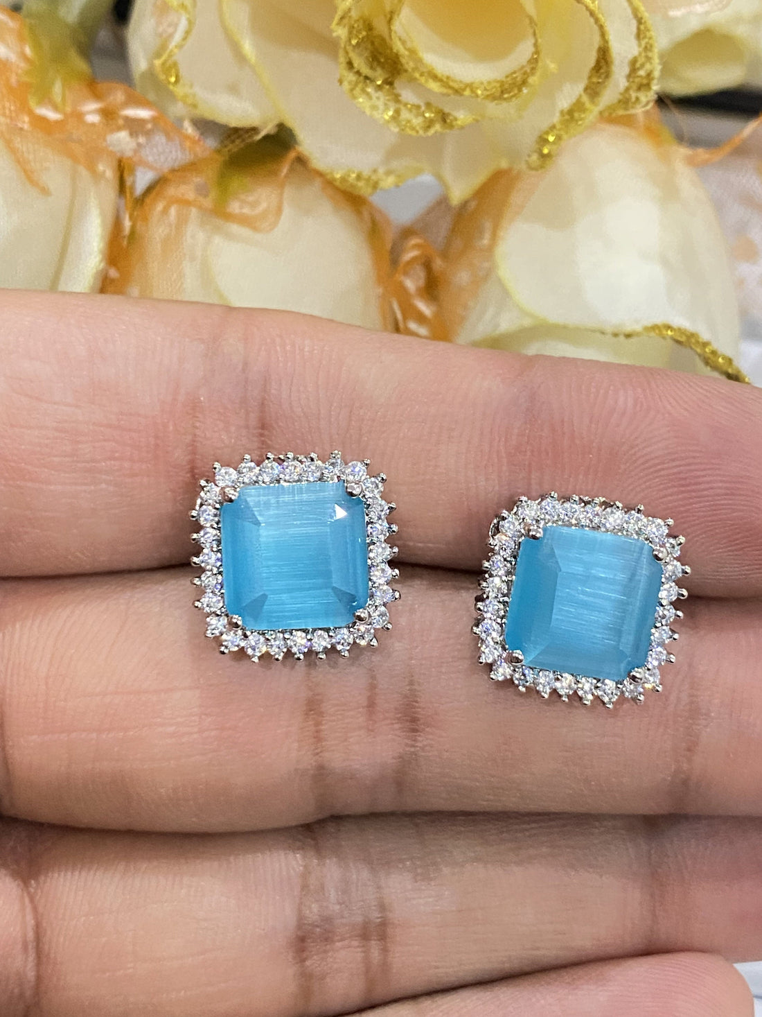 14K White Gold Plated CZ Stud Earrings | AAA Quality Square Cut | Minimalist Lightweight Earrings | Multiple Colors | Gift for Her — 8