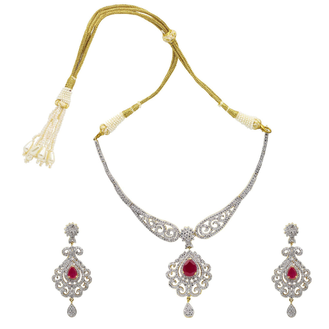 22K Yellow Gold Plated Diamond Ruby Necklace Set with Earrings | Designer Elegant Bridal Wedding Statement Jewelry | Gift for Women — 2