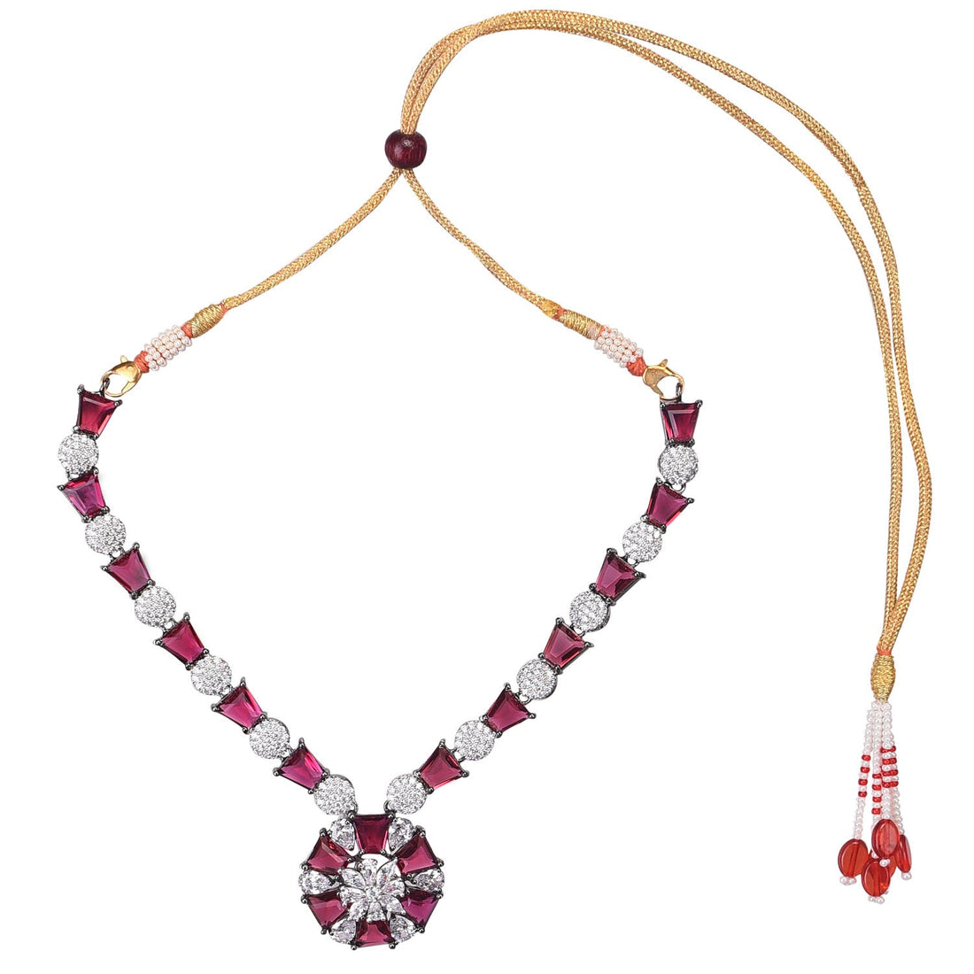 Ruby Necklace Set | Swarovski Diamond Choker | Gold Plated Indian Bridal Jewelry | Red Necklace & Earring Set | Wedding Wear |Gift for Her — 2