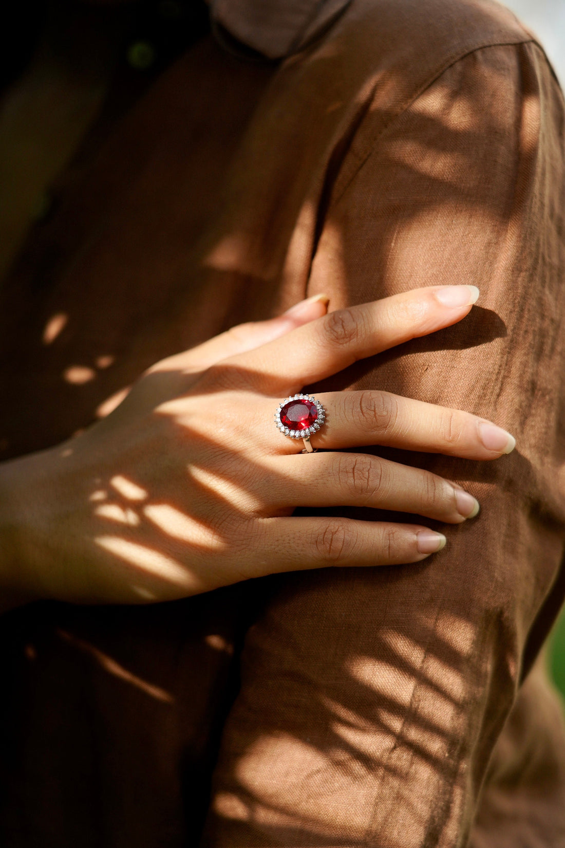 Ruby Emerald Oval Stone Ring | Adjustable Gold Plated Crystal Ring | Big Statement Cocktail Ring | Engagement Wedding Ring | Bridal Ring — 6