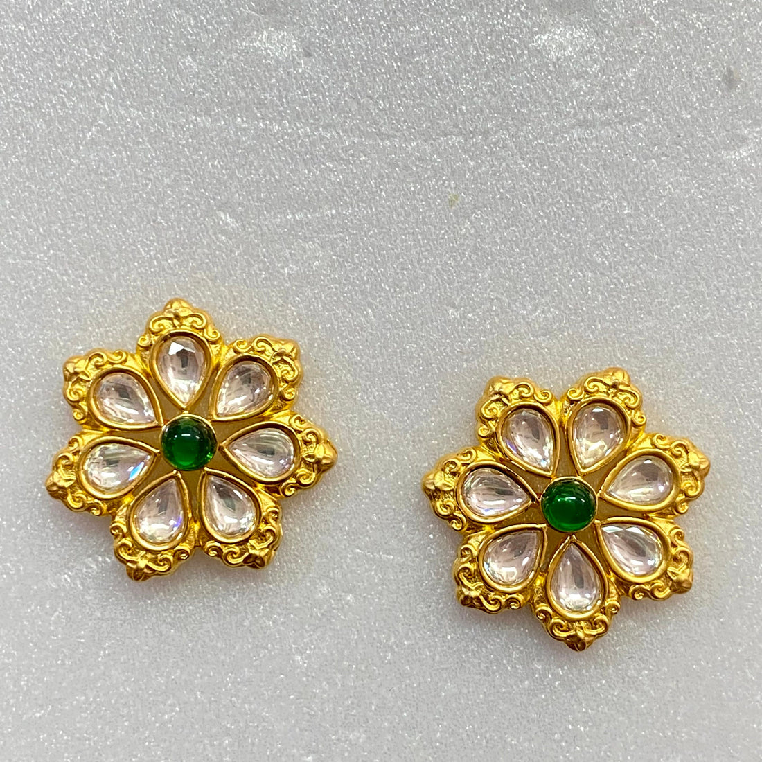 Gold Plated Kundan Polki Flower Stud Earrings — 2