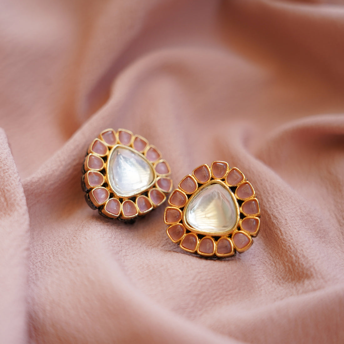 22K Gold Plated Polki Kundan Stud Earrings | Rose Quartz Pink Earrings | Indian Bridal Wedding Jewelry | Minimal Ethnic Studs | Gift for Her — 2