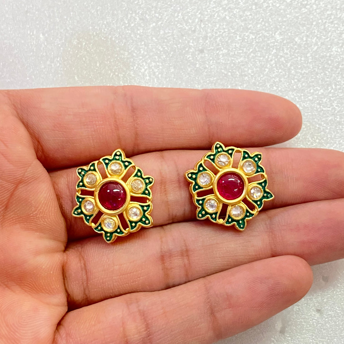 Gold Ruby Polki Stud Earrings: Kundan Meena Traditional Jewelry — 3