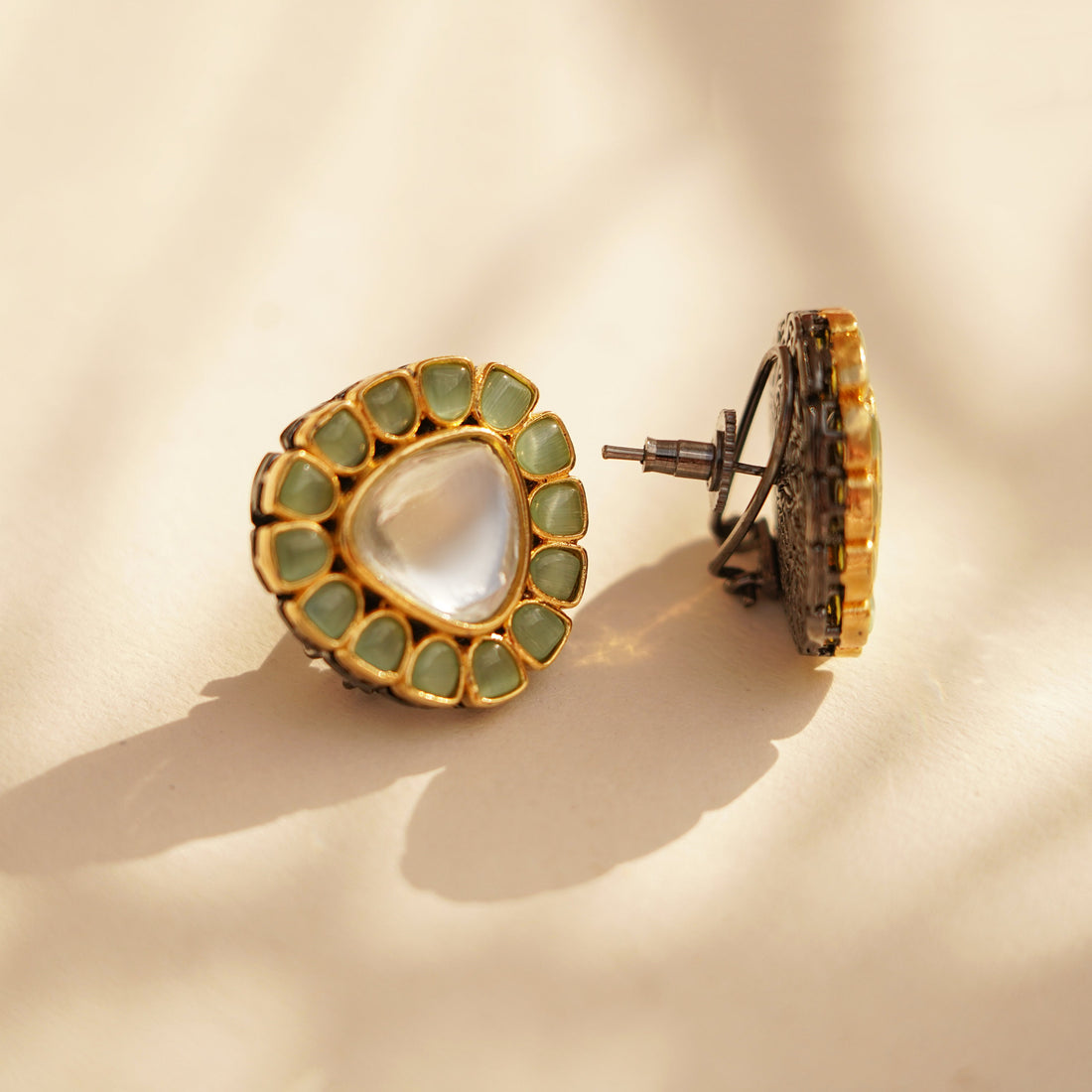 Handmade Polki Stud Earrings | 22K Gold Plated Kundan Earrings | Indian Bridal Wedding Jewelry | Traditional Ethnic Earrings | Gift for Her — 2