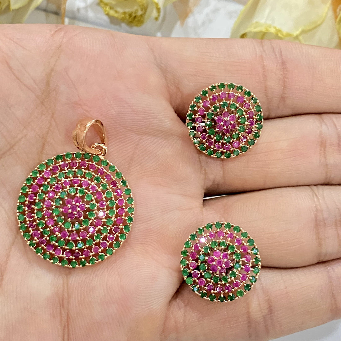 1.5 mm Round Ruby, Emerald , Black Onyx Gems Pendant With 22k Yellow Gold Plating — 1