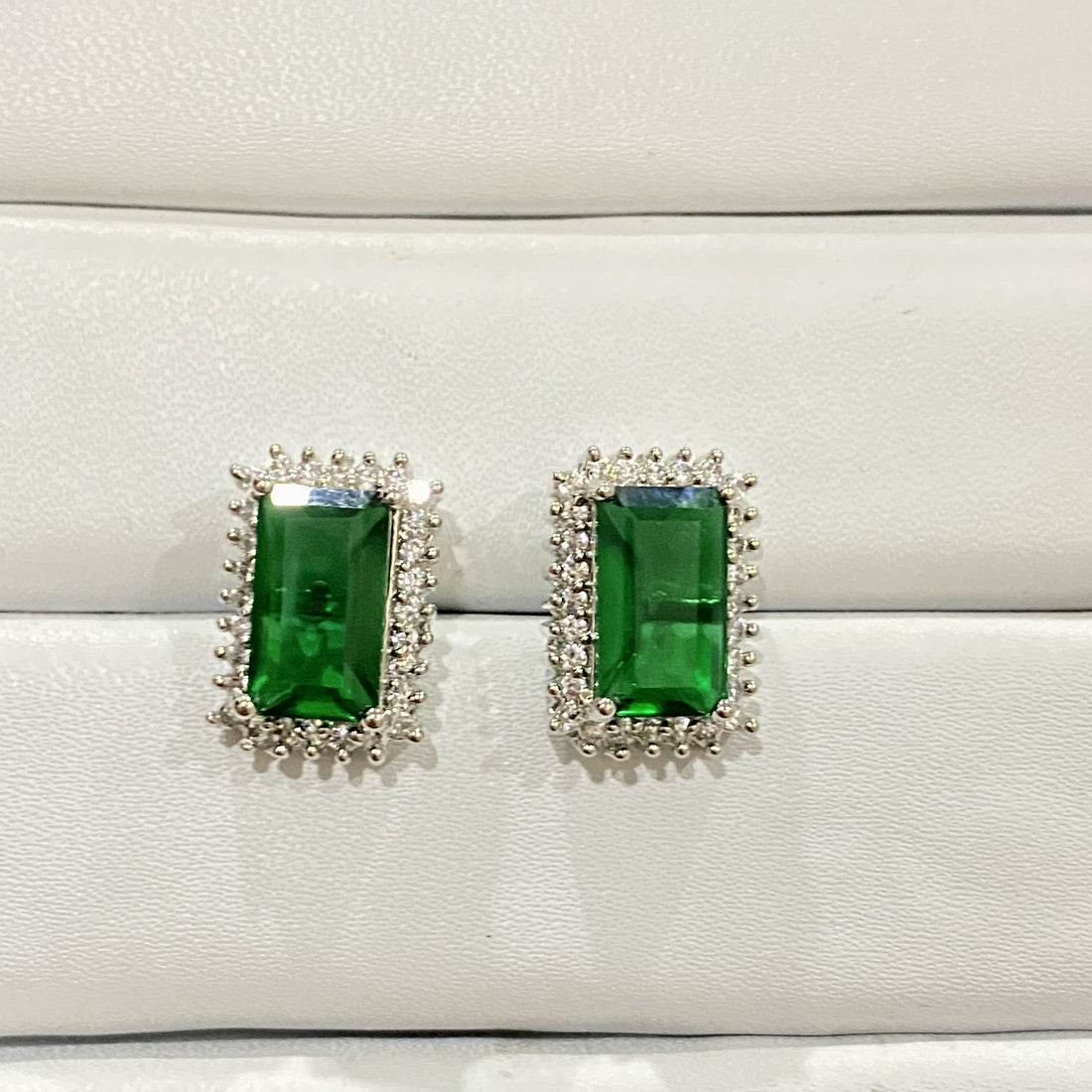 Emerald Stud Earrings | 14K White Gold Plated Dainty Gemstone Earrings | Minimal Everyday Jewelry | Bridal Party Wear Studs | Gift For Her — 2