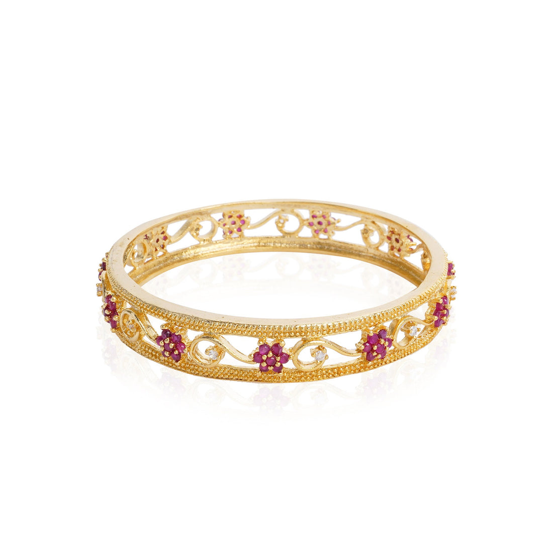 22K Gold Plated Floral Bangles | Ruby Pink CZ Stone Bracelet Set | Handmade Indian Jewelry | Indian Wedding Jewelry | Gold Bangles β 3