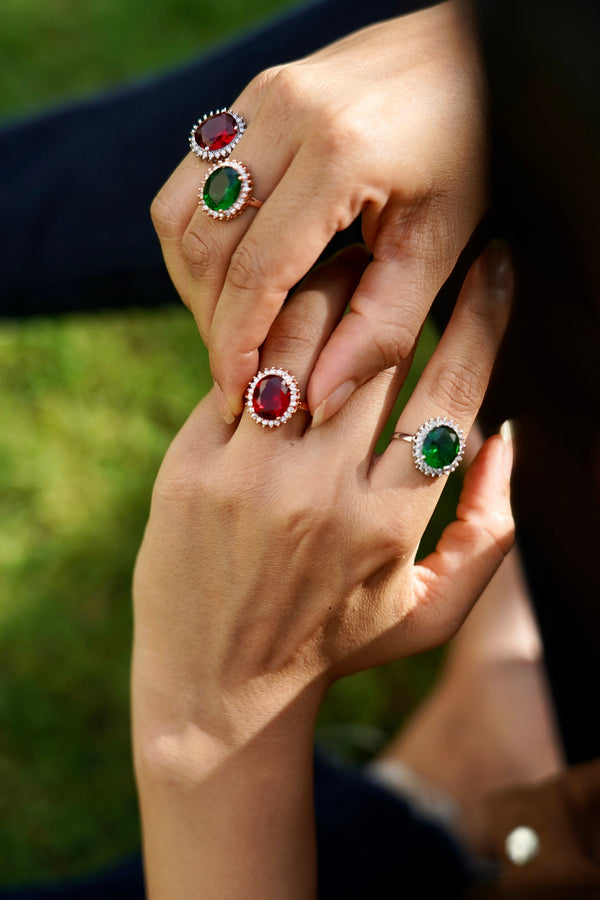 Ruby Emerald Oval Stone Ring | Adjustable Gold Plated Crystal Ring | Big Statement Cocktail Ring | Engagement Wedding Ring | Bridal Ring