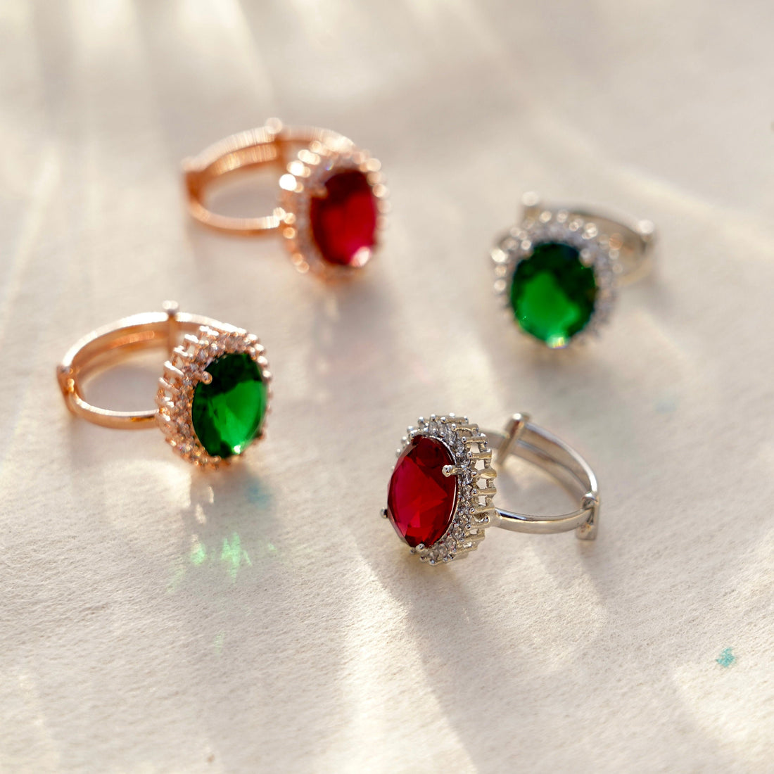Ruby Emerald Oval Stone Ring | Adjustable Gold Plated Crystal Ring | Big Statement Cocktail Ring | Engagement Wedding Ring | Bridal Ring — 2