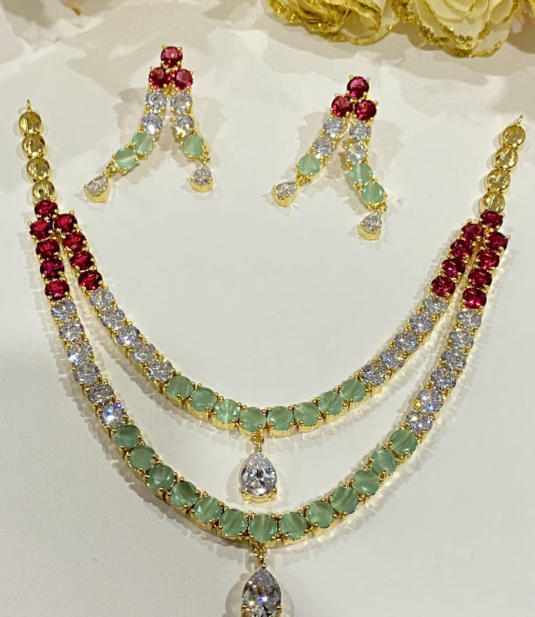Ruby & Rose Quartz Necklace Set for Women | 22K Gold Plated Wedding Bridal Jewellery | Traditional Indian Party Wear Necklace |Gift for Her — 5