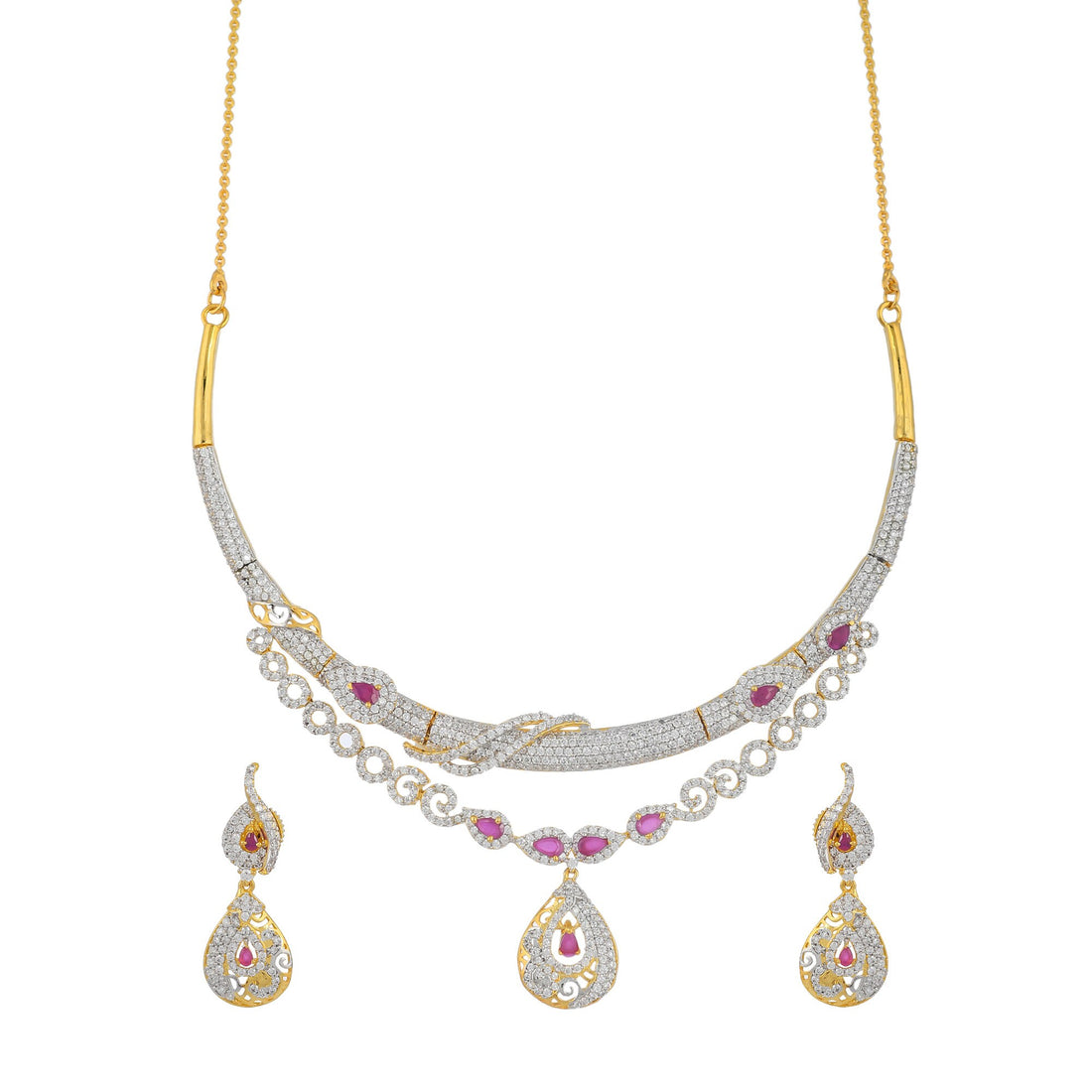 Gold Plated Ruby & CZ Necklace Set | Elegant Traditional Jewelry with Earrings | Bridal Necklace | Gift for Her | Wedding Necklace — 2