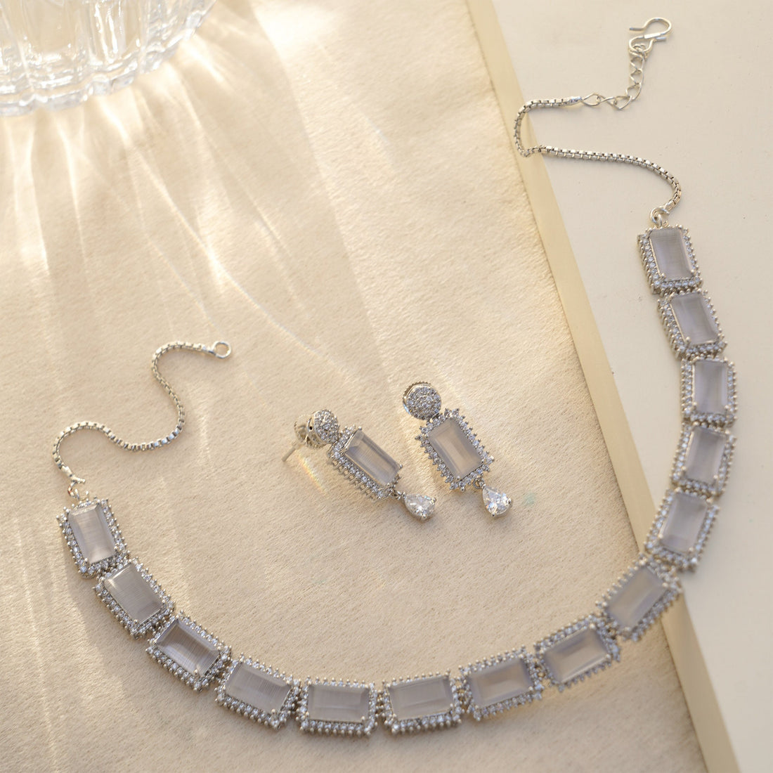 Silver Moonstone Necklace Set | Dainty CZ Bridal Jewelry | Geometric Statement Necklace & Earrings | Wedding Gift for Her | Handmade — 1