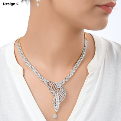 Silver Plated CZ Diamond Necklace Set | Elegant Bridal Wedding Jewelry | Party Wear Statement Necklace & Earrings | Gift for Her