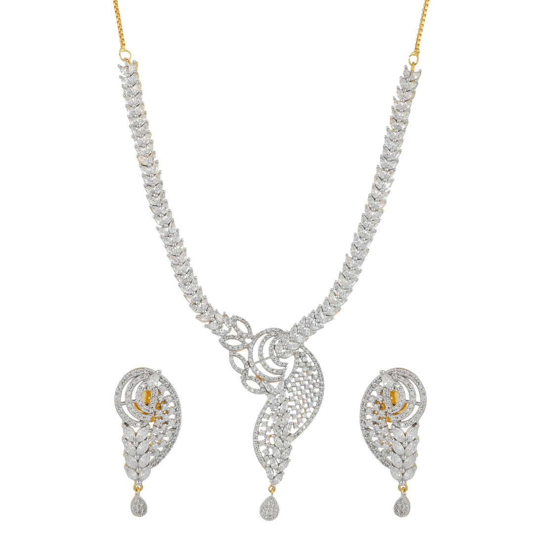 Silver Plated CZ Diamond Necklace Set | Elegant Bridal Wedding Jewelry | Party Wear Statement Necklace & Earrings | Gift for Her — 3