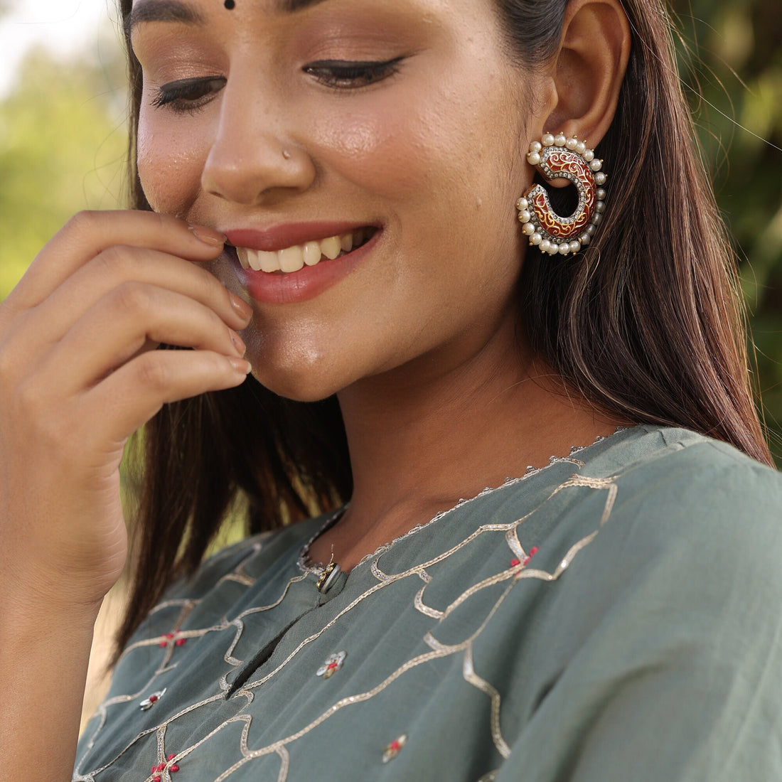 Red Enamel Kundan Earrings | 22K Gold Plated Pearl Hoops | Handcrafted Jaipur Jewelry | Elegant Indian Statement Earrings for Women — 7