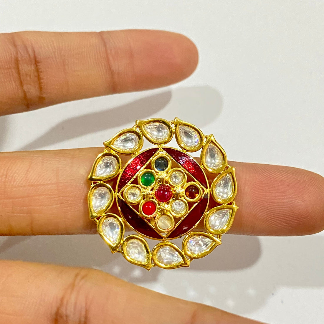 Kundan Navratna Ring: 22k Gold Plated Indian Jewelry — 3
