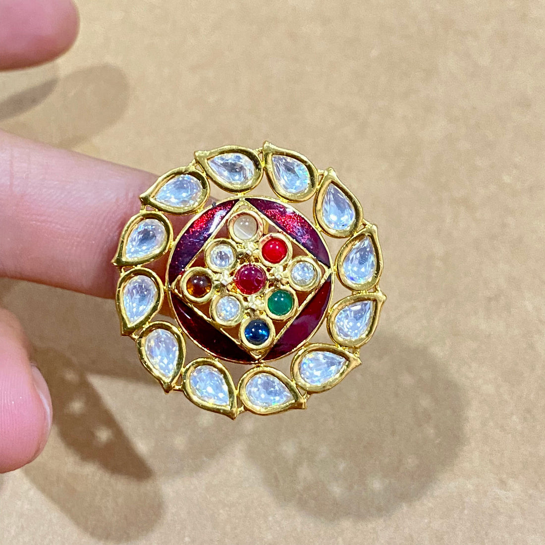 Kundan Navratna Ring: 22k Gold Plated Indian Jewelry — 4