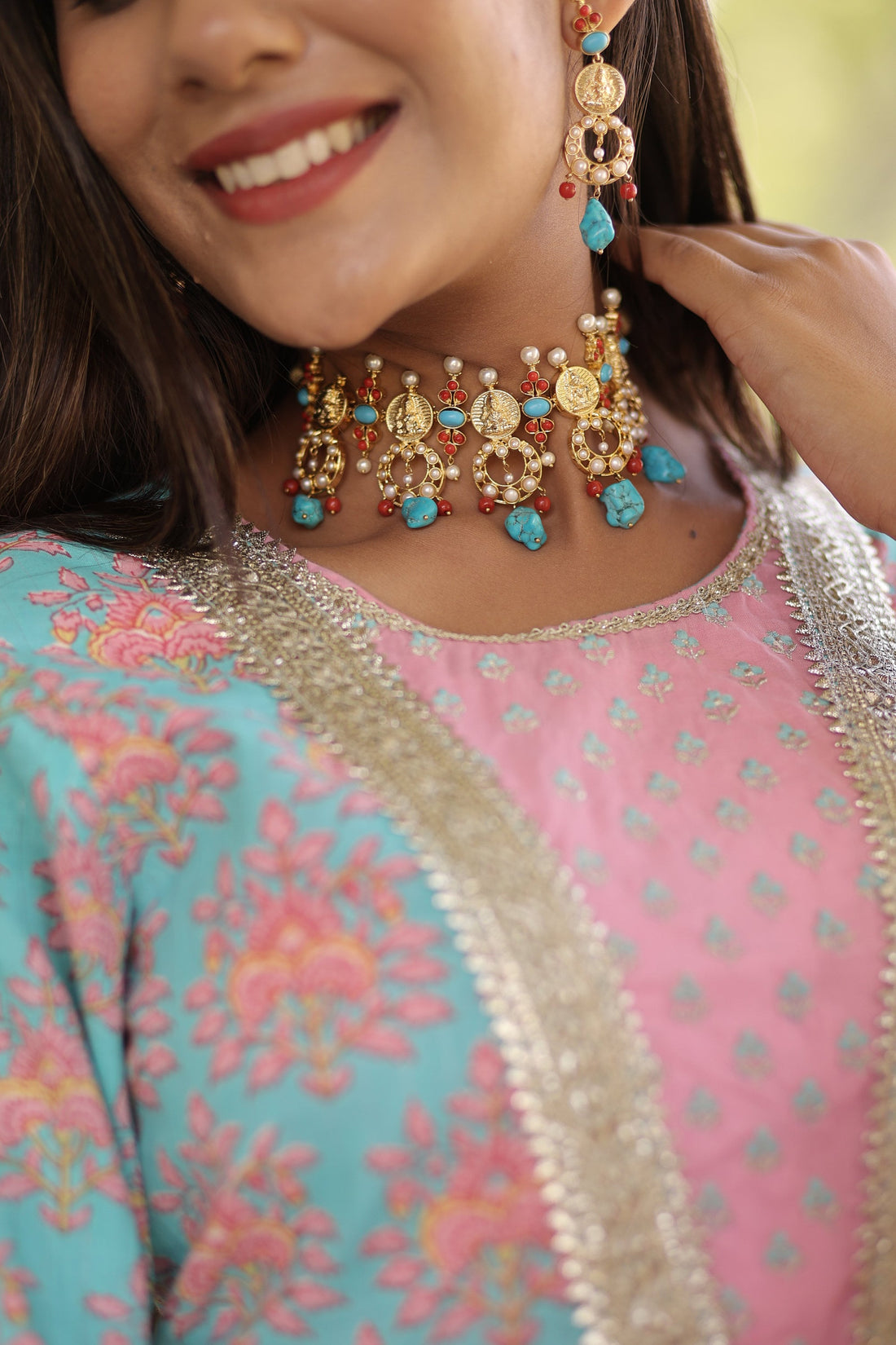 Turquoise Lakshmi Choker Necklace Set |Gold Plated Temple Jewelry | Traditional South Indian Bridal Necklace | Wedding Jewelry|Gift for Her — 3
