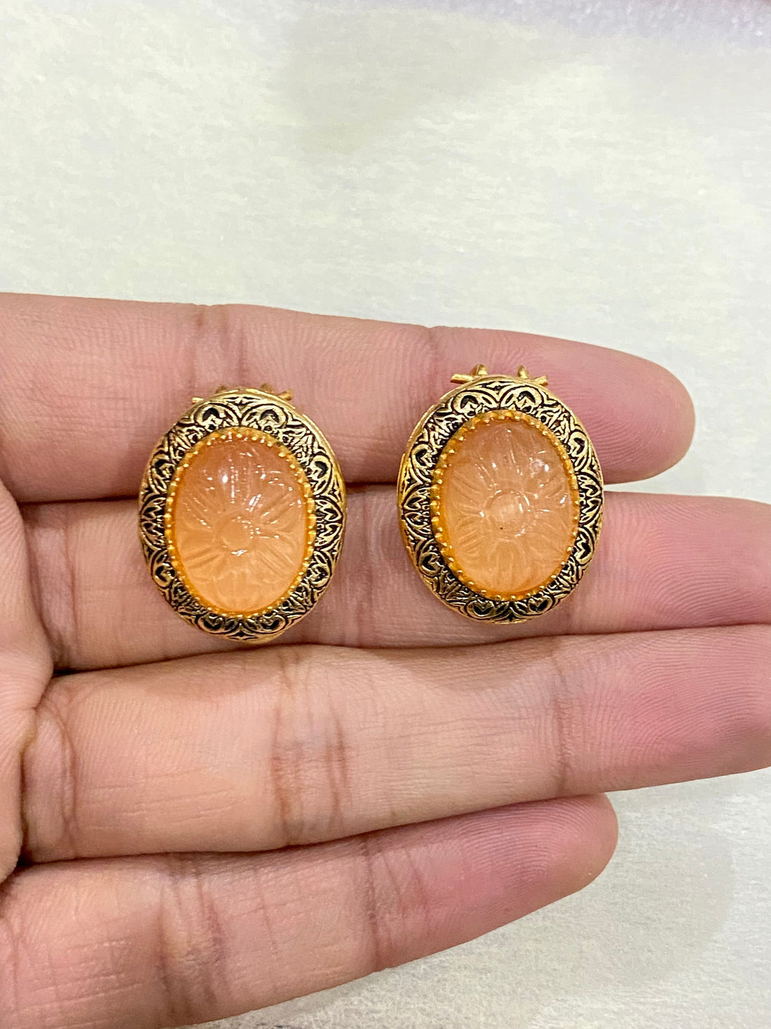 22K Gold Plated Stud Earrings | Red Flower Carving Handmade Earrings | Bridal Wedding Jewelry | Floral Ethnic Earrings | Gift for Her — 4