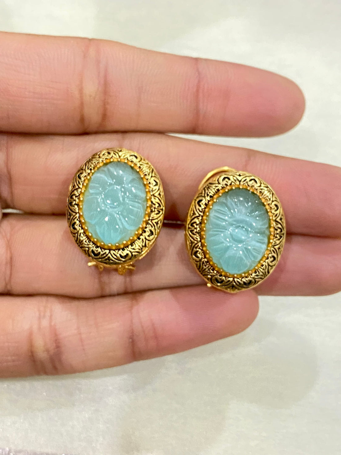 22K Gold Plated Stud Earrings | Red Flower Carving Handmade Earrings | Bridal Wedding Jewelry | Floral Ethnic Earrings | Gift for Her — 6
