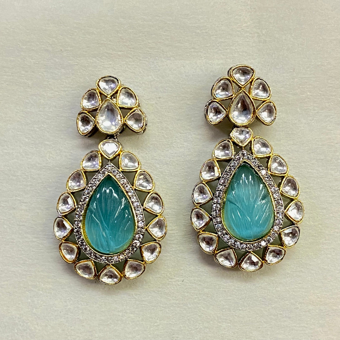 Kundan Polki Earring:Carving Stone, 22k Gold Plated Handmade — 2