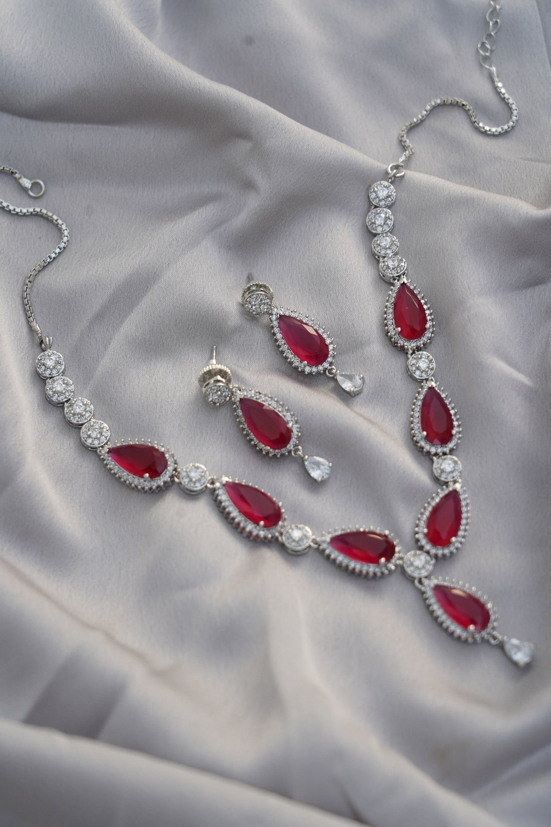 Ruby Necklace Set | 18K White Gold Plated Bridal Jewelry | Teardrop Ruby & Cubic Zirconia Necklace with Earrings | Wedding Necklace — 1