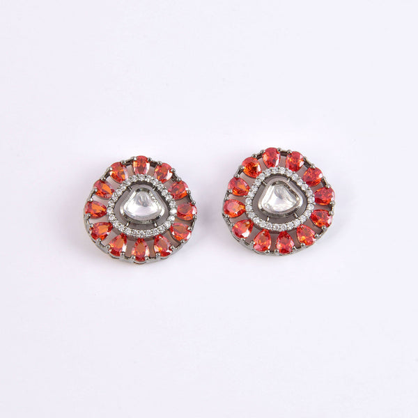 Antique Black Polish Stud Earrings | Orange CZ Victorian Design | Bridal Wedding Jewelry | Vintage Statement Earrings | Ethnic Gift for Her