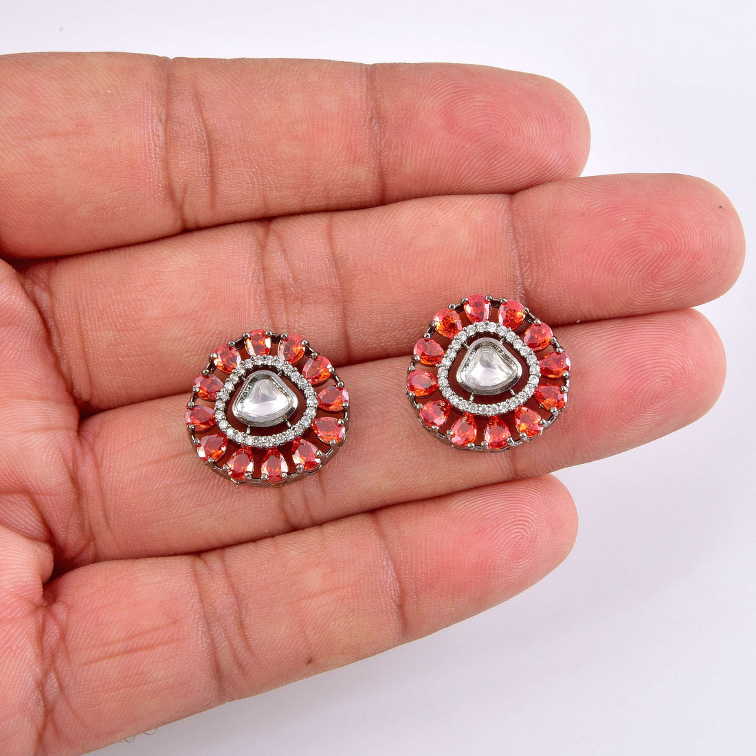 Antique Black Polish Stud Earrings | Orange CZ Victorian Design | Bridal Wedding Jewelry | Vintage Statement Earrings | Ethnic Gift for Her — 3
