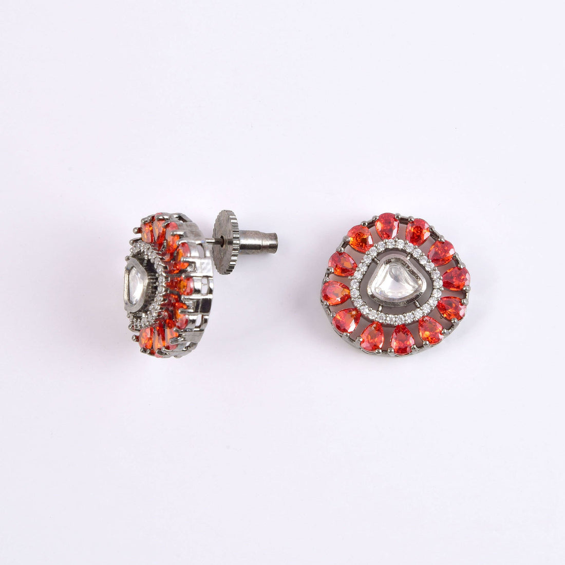 Antique Black Polish Stud Earrings | Orange CZ Victorian Design | Bridal Wedding Jewelry | Vintage Statement Earrings | Ethnic Gift for Her — 2