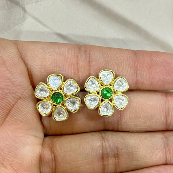 Green Flower Polki Stud Earrings | 22K Gold Plated Kundan Traditional Indian Jewelry | Handmade Ethnic Bridal Wedding Studs | Gift For Her