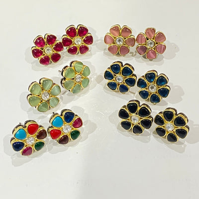 Flower Kundan Stud Earrings: 22k Gold Plated Polki Jewelry