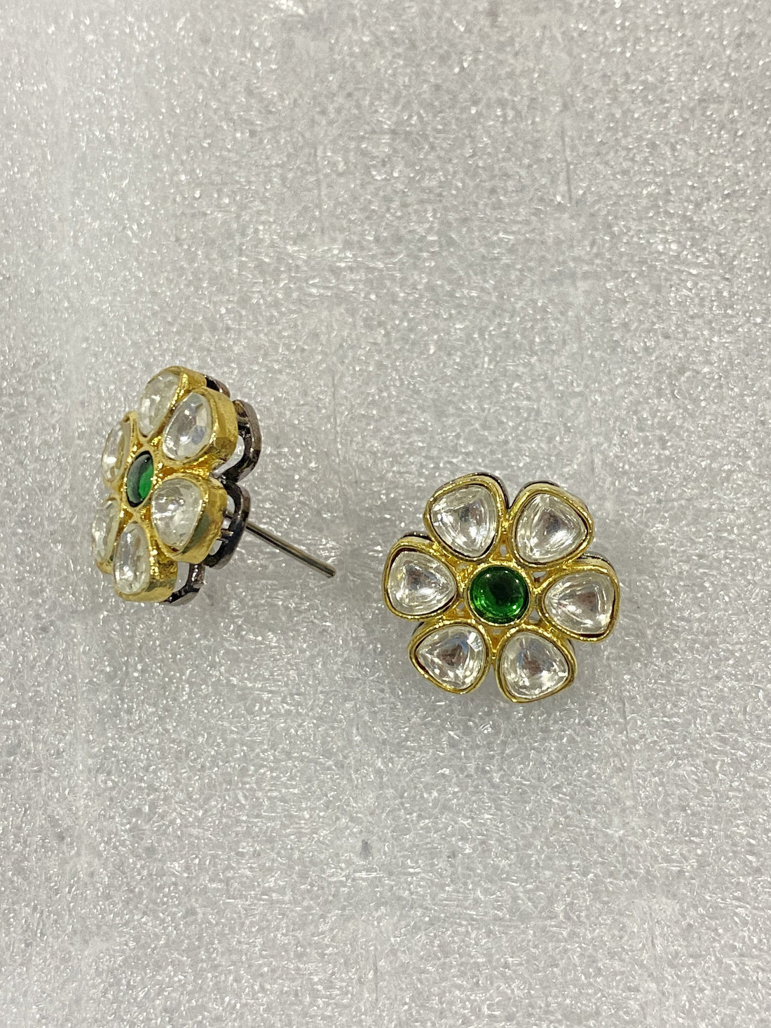 Green Flower Polki Stud Earrings | 22K Gold Plated Kundan Traditional Indian Jewelry | Handmade Ethnic Bridal Wedding Studs | Gift For Her — 2
