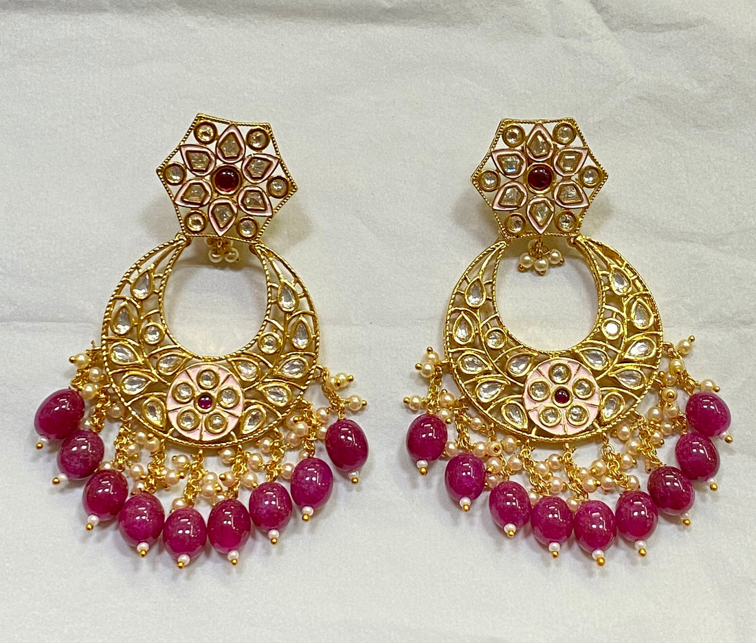 Kundan Earrings: 22k Gold Plated Polki, Ruby Drops, Indian Jewelry — 4