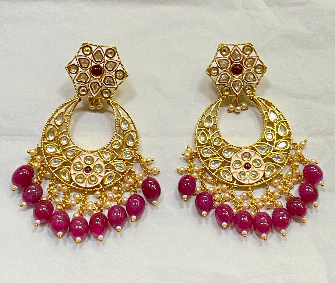 Kundan Earrings: 22k Gold Plated Polki, Ruby Drops, Indian Jewelry — 1