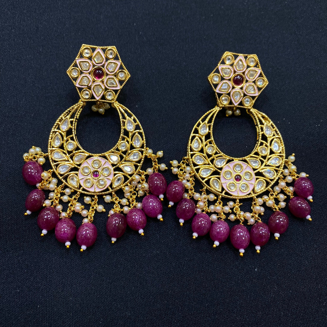 Kundan Earrings: 22k Gold Plated Polki, Ruby Drops, Indian Jewelry — 3