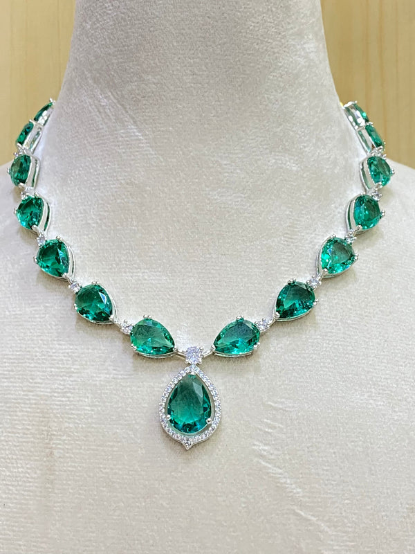 Emerald and Diamond Necklace, Pear Cut Colombian Emerald Gemstone, Gold Plated Emerald Green Necklace set