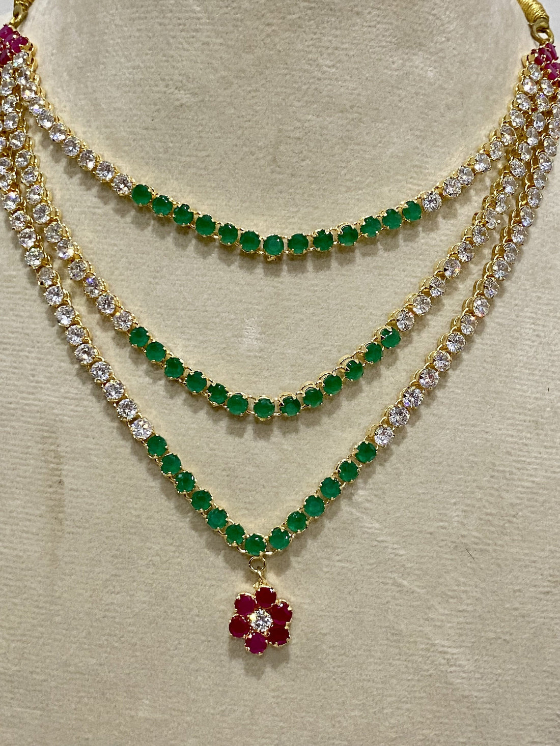 22K Gold Plated Ruby & Emerald CZ Necklace Earrings Set | Layered Big Stone Bridal Tennis Jewelry | Gift For Her | Indian Bridal Jewelry β 7