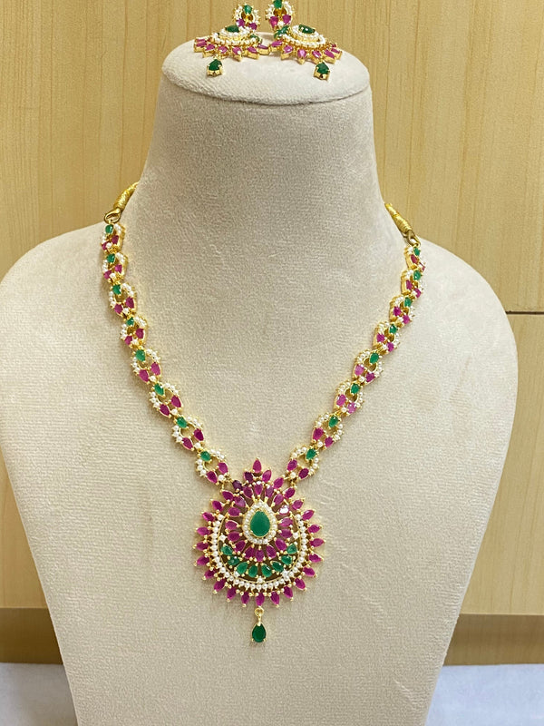 Gold plated Indian wedding necklace with Ruby, Emerald and pearls gemstones, South Indian jewelry