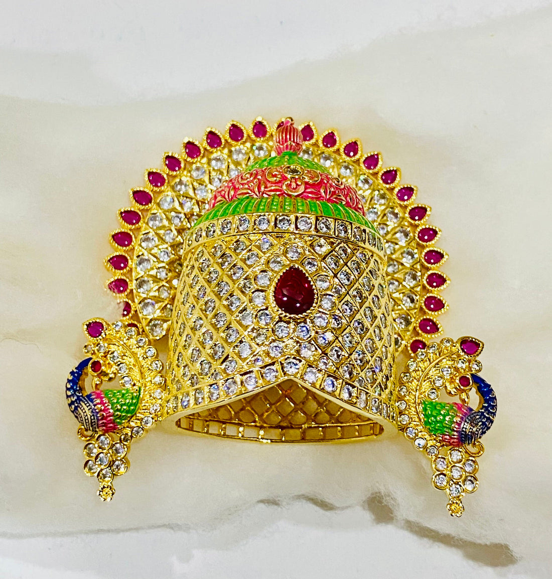 22k Gold Plated Tirupati Balaji Crown: Ruby & Solitaire Stone Work Mukut | Lord Venkateshwara crown | Puja Room Blessings of Prosperity — 5