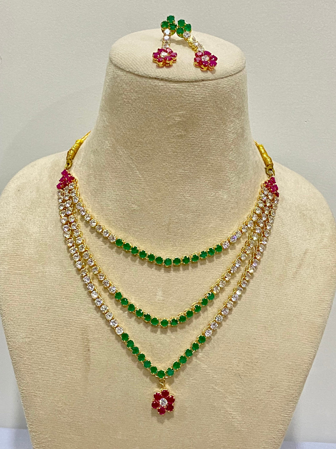 22K Gold Plated Ruby & Emerald CZ Necklace Earrings Set | Layered Big Stone Bridal Tennis Jewelry | Gift For Her | Indian Bridal Jewelry β 4