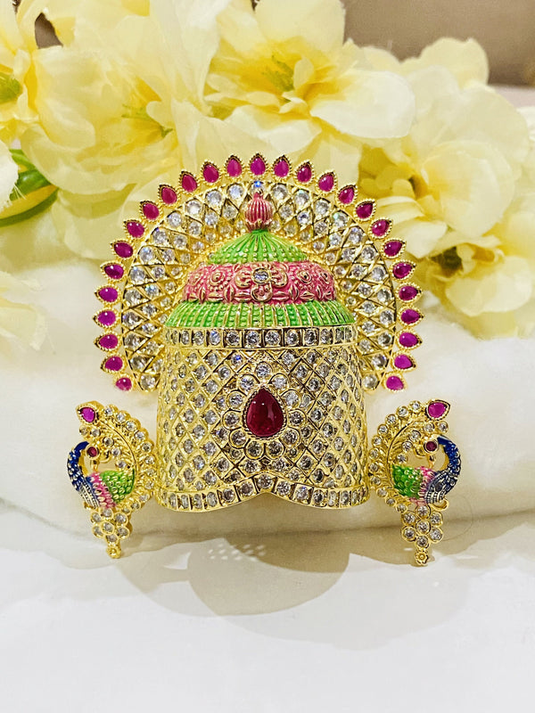 22k Gold Plated Tirupati Balaji Crown: Ruby & Solitaire Stone Work Mukut | Lord Venkateshwara crown | Puja Room Blessings of Prosperity