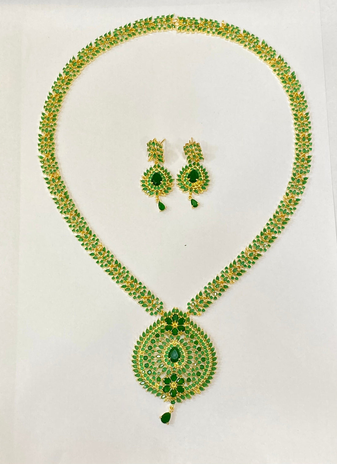 Emerald Green Long Necklace Set | Gold Plated Indian Jewelry | Statement Necklace with Earrings | Bridal Temple Jewelry — 6